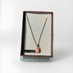 Vintage Reis 12K GF SN Necklace Pink Coral Cabochon Pendant 16" Chain w/ Box